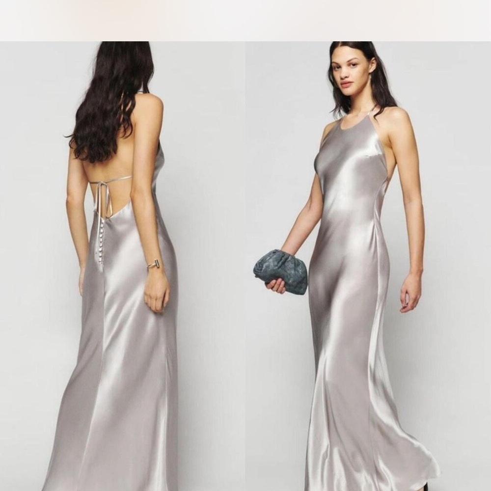 Reformation Silver Satin Backless Halter Gown